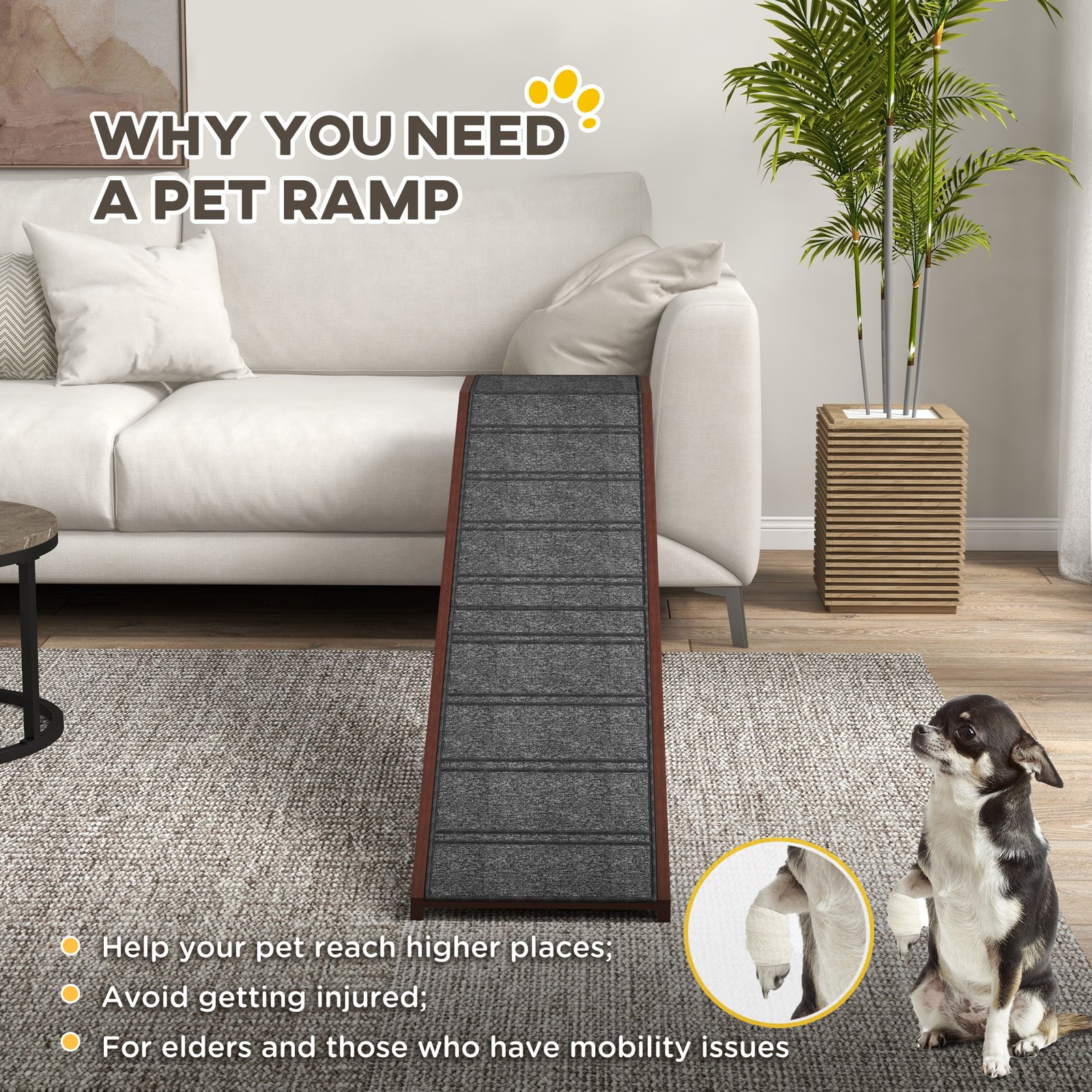 Dog Ramp for Bed, Pet Ramp for Dogs with Non-Slip Carpet and Top Platform, 74" x 16" x 25", Brown - Image 5