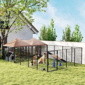 Large Outdoor Dog Kennel with 2 Rooms, Rotating & Adjustable Height Bowls, 13.5 x 9.4 x 5.1
