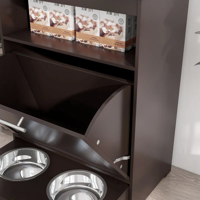 Pet Feeder Station Storage Cabinet, Dog Food Storage Container With Dog Raised Bowls, Watering Supplies, Gray - Image 9