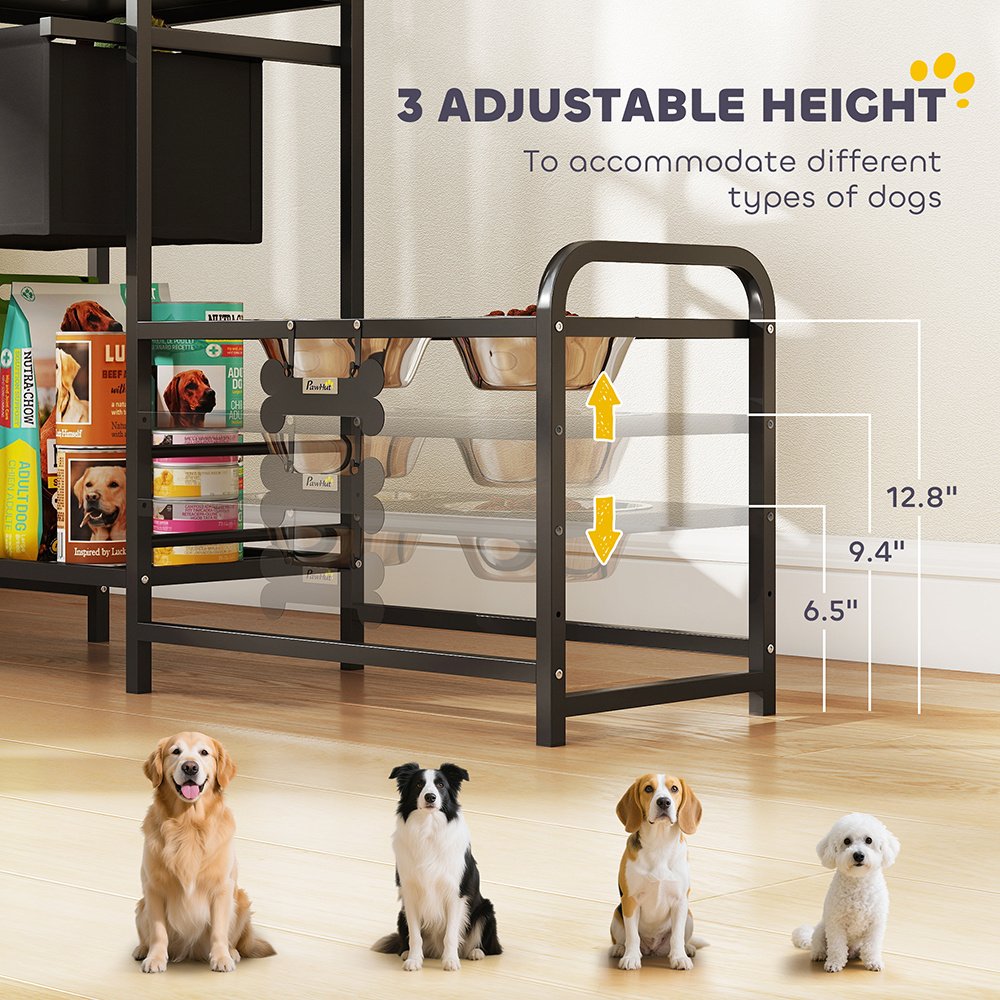 3 Height Adjustable Dog Bowl Stand Oxford Fabric With Features Four Bowls, Toy Bin Basket - Image 3