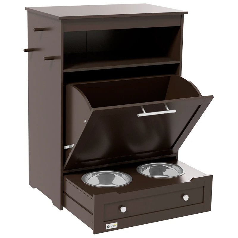 Pet Feeder Station Storage Cabinet, Dog Food Storage Container With Dog Raised Bowls, Watering Supplies, Gray - Image 7