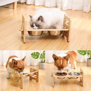 Dog Food Neck Protection Wooden Pet Bowl Rack