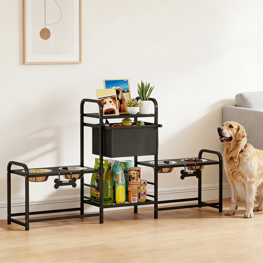 3 Height Adjustable Dog Bowl Stand Oxford Fabric With Features Four Bowls, Toy Bin Basket