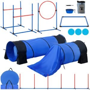 Dog Agility Training Equipment 7 PCS Set W/ Hurdles 2 Tunnels Jump Ring