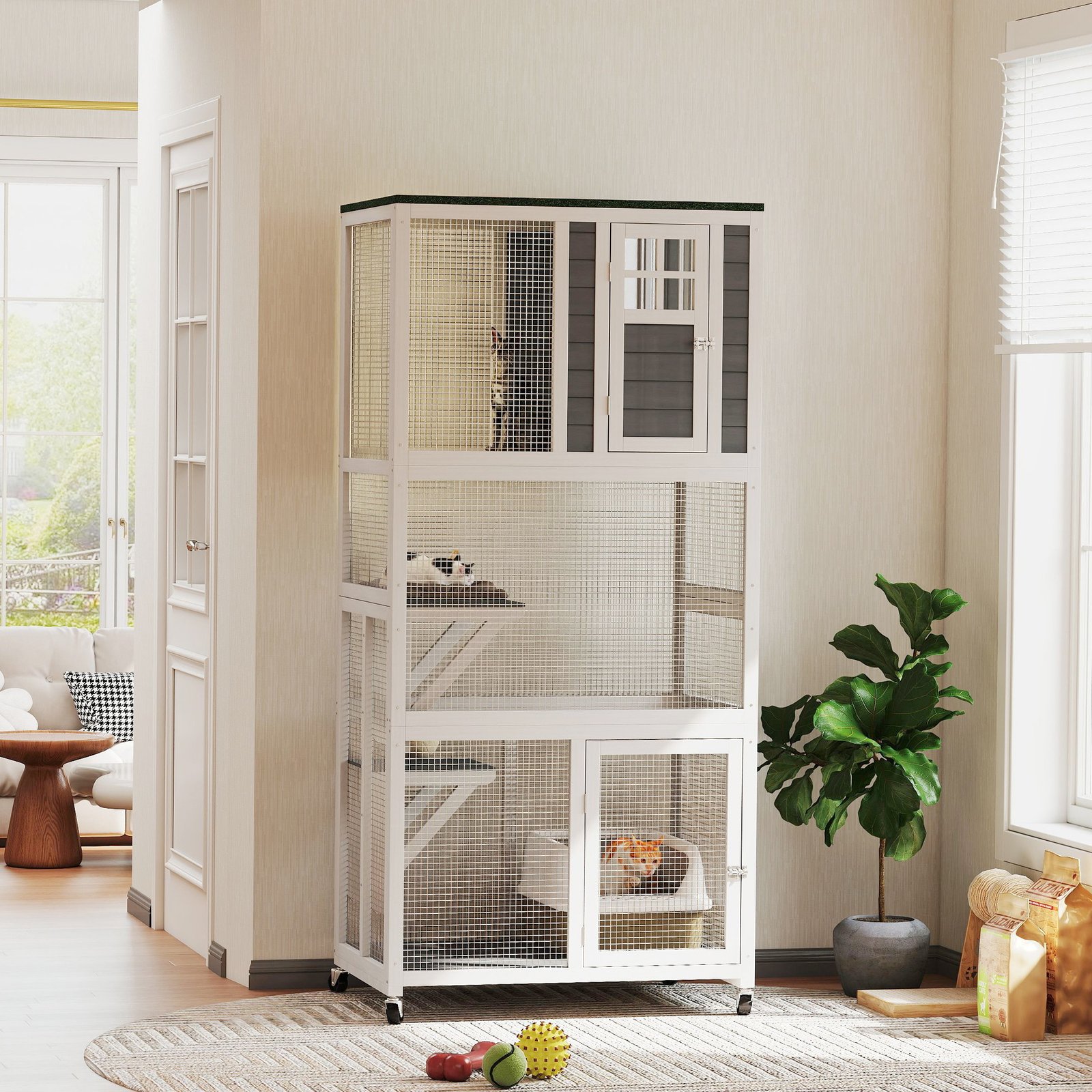 74" Wooden Catio Outdoor Cat Enclosure Weatherproof & Wheeled, Outside Cat House with High Weight Capacity, Kitten Cage Condo, White - Image 2