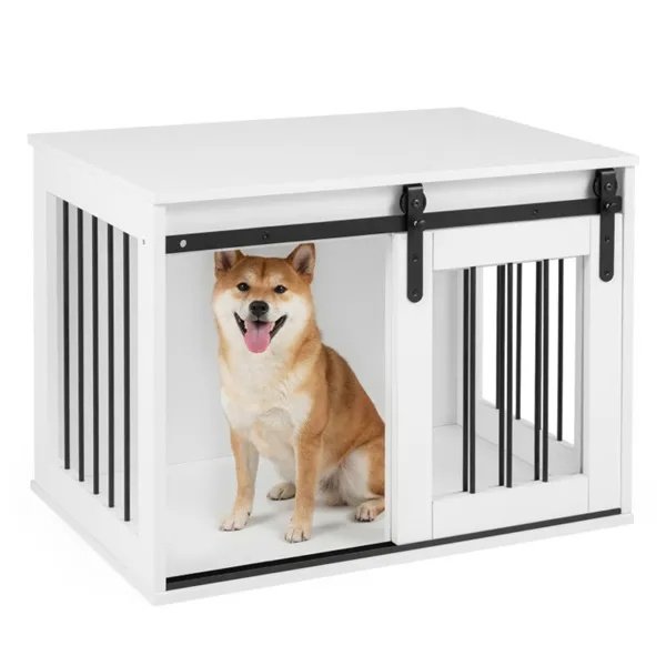 31.5" Dog Crate Furniture With Sliding Barn Door, Wooden Dog Kennel End Table For Indoor Use - White - Image 3