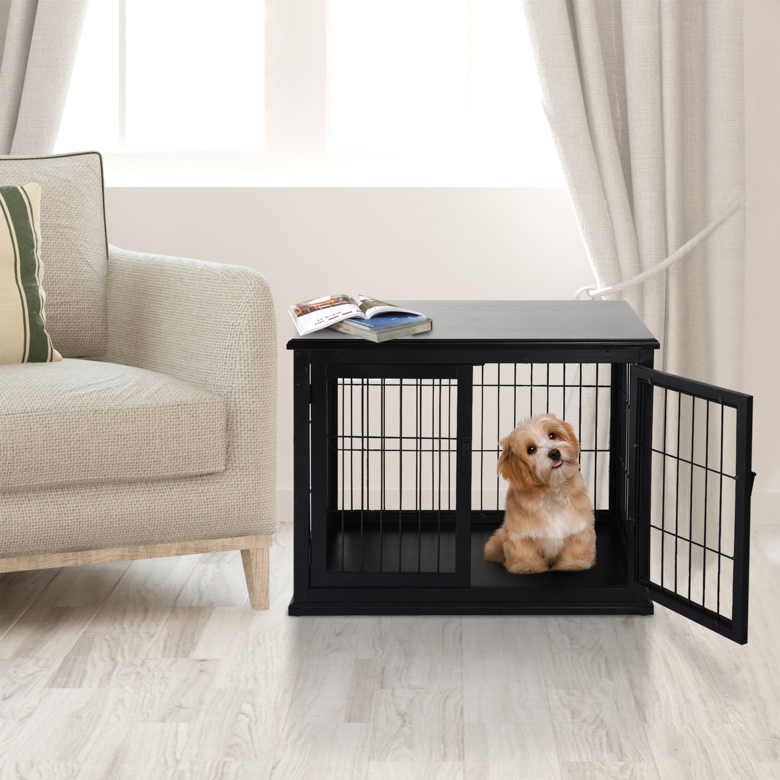 Dog Crate Furniture, 32" Small Dog Cage End Table with 2 Doors, Lockable Door, Puppy Kennel Indoor, Black - Image 2