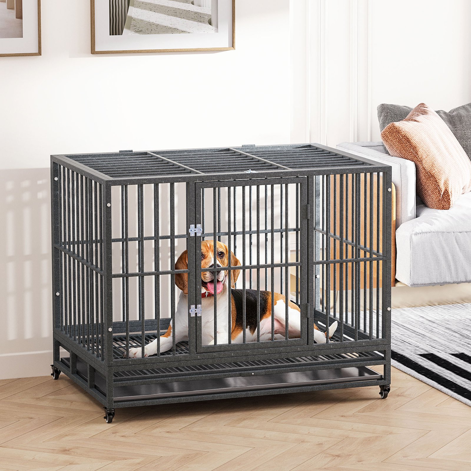 43" Heavy Duty Dog Crate Metal Cage Kennel with Lockable Wheels, Double Door and Removable Tray, Gray - Image 2