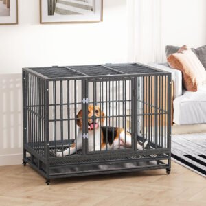 43" Heavy Duty Dog Crate Metal Cage Kennel with Lockable Wheels, Double Door and Removable Tray, Gray
