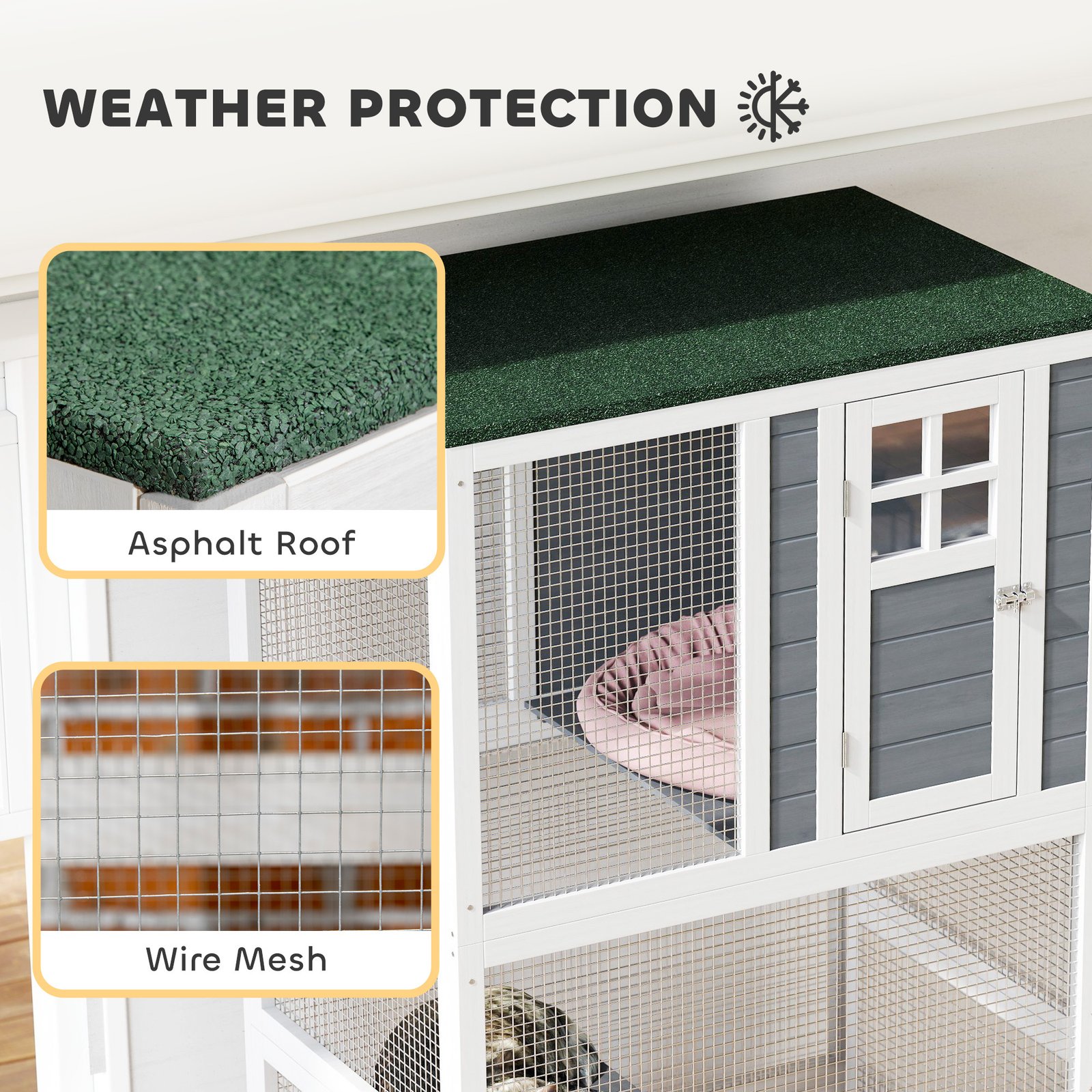 74" Wooden Catio Outdoor Cat Enclosure Weatherproof & Wheeled, Outside Cat House with High Weight Capacity, Kitten Cage Condo, White - Image 5