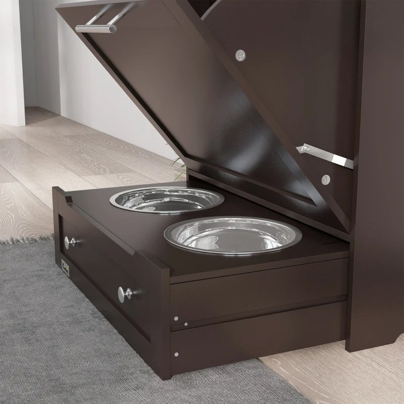 Pet Feeder Station Storage Cabinet, Dog Food Storage Container With Dog Raised Bowls, Watering Supplies, Gray - Image 10
