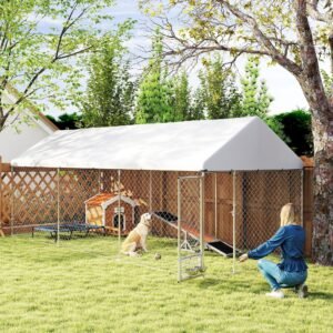 Outdoor Dog Kennel w/ Adjustable & Rotatable Bowl Rack, Waterproof UV-Resistant Cover, Secure Lock, 19.7 x 7.5 x 7.5