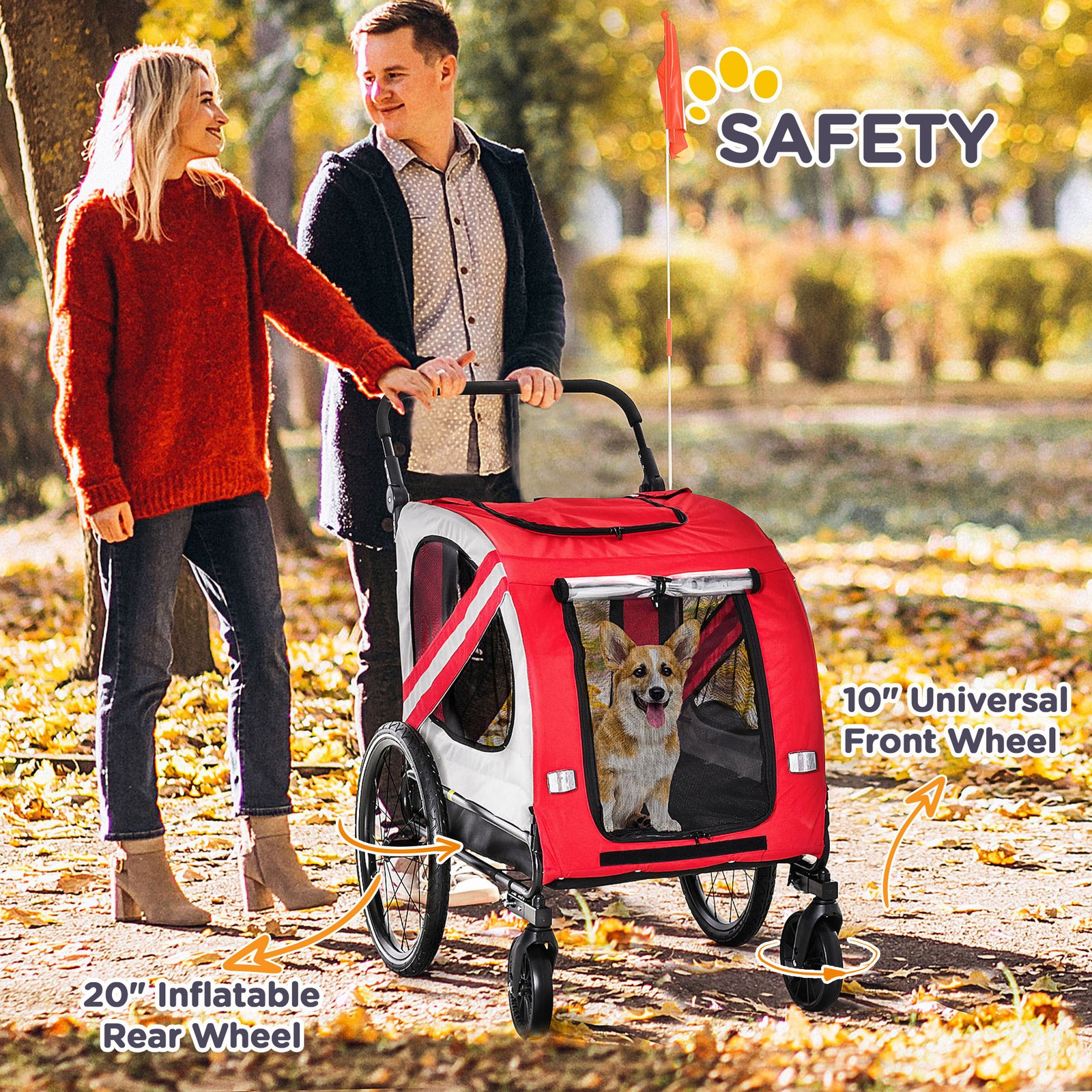 2-in-1 Pet Bike Trailer for Small Medium Dogs, Road-Visibility Dog Stroller Bicycle Carrier, Weather-Strong Bike Wagon Trailer Sidecar Attachment, Red - Image 8