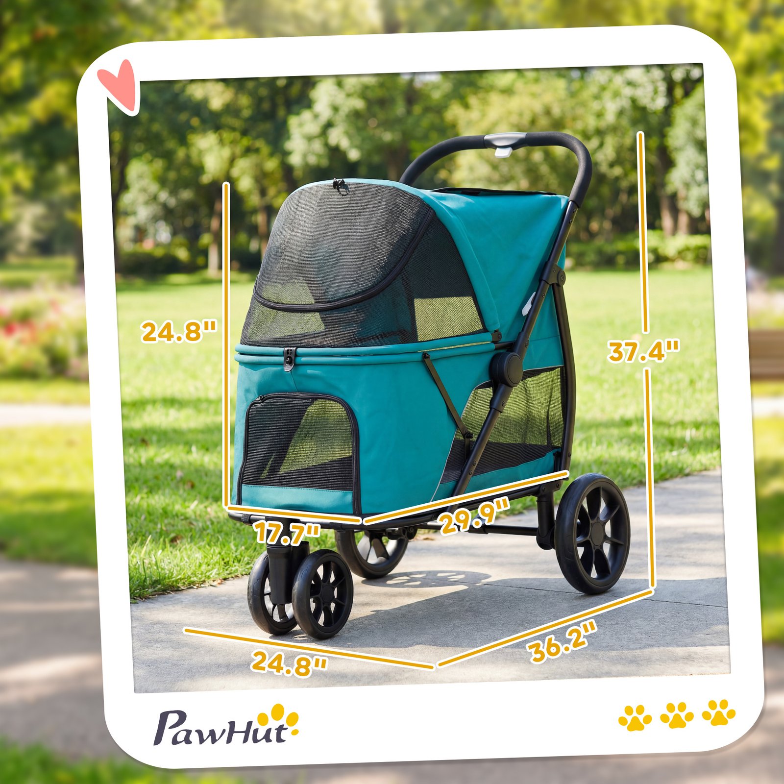 3 Wheel Pet Stroller with Easy One-Click Quick Fold, Mesh Window, Washable Cushion, for Medium Dogs, Dark Green - Image 3