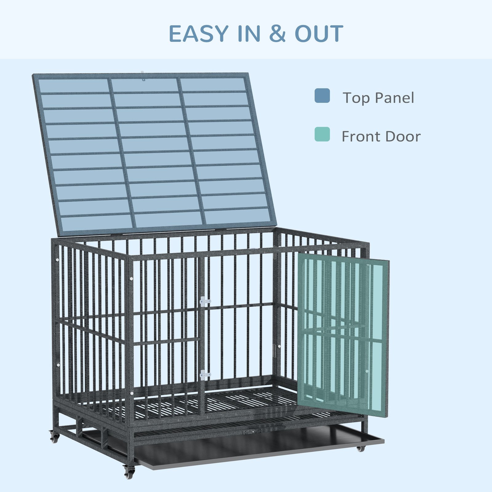 43" Heavy Duty Dog Crate Metal Cage Kennel with Lockable Wheels, Double Door and Removable Tray, Gray - Image 6