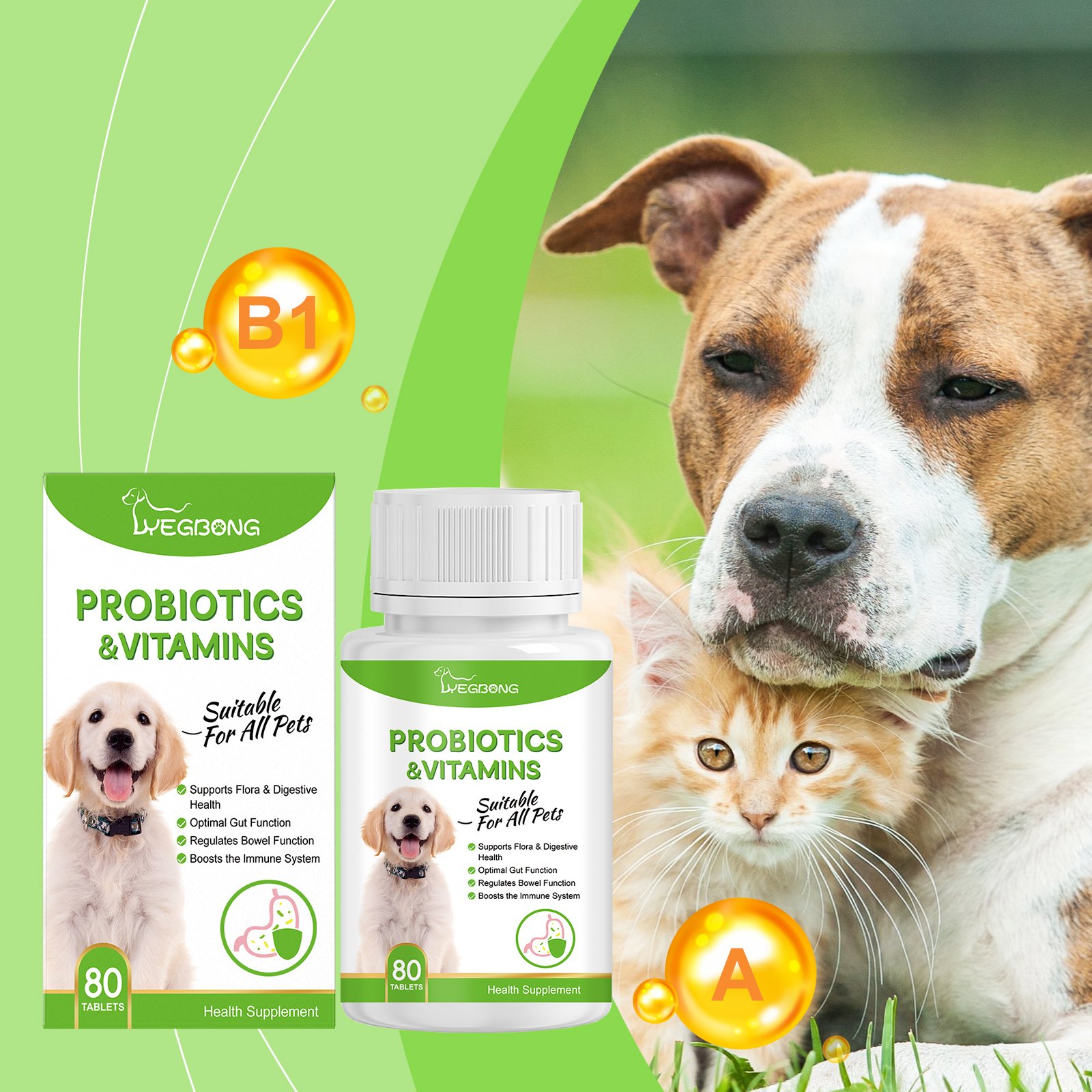 Pet Probiotics & Vitamin Tablets For Dogs & Cats, Gut Health Supplement, Support Digestion & Immune System, 80 Chewable Tablets - Image 2