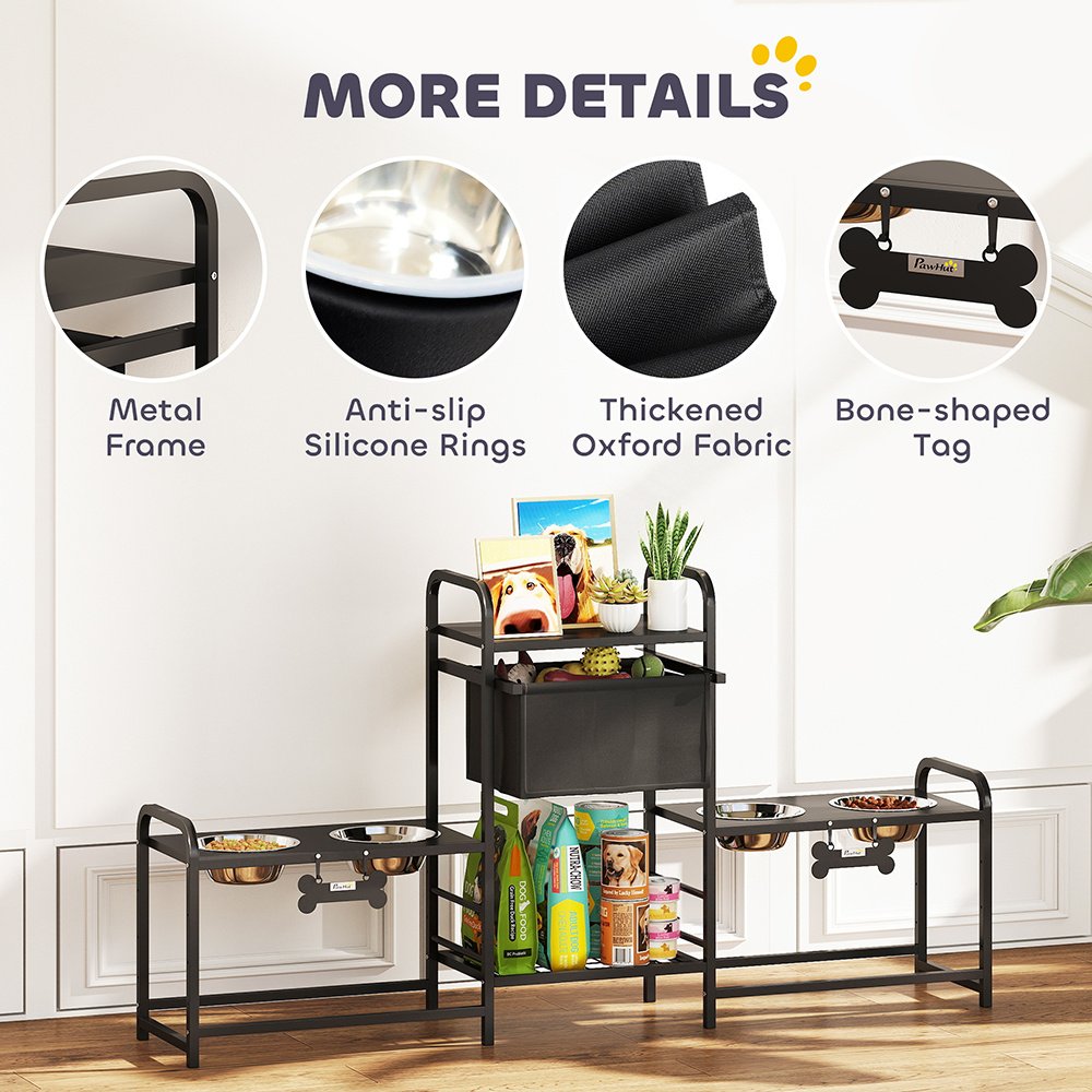 3 Height Adjustable Dog Bowl Stand Oxford Fabric With Features Four Bowls, Toy Bin Basket - Image 9
