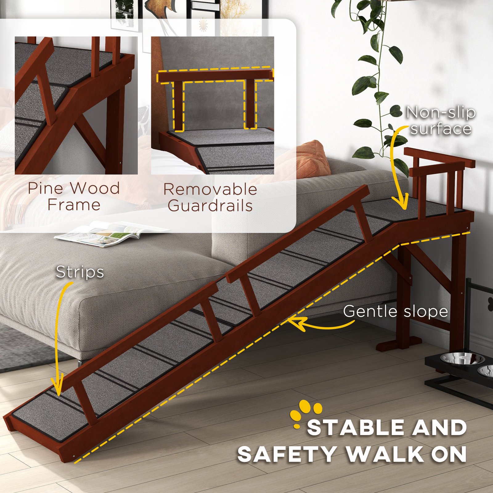 Wooden Dog Ramp with Removable Guardrails, Non-Slip Surface, 73" Long, Brown - Image 5