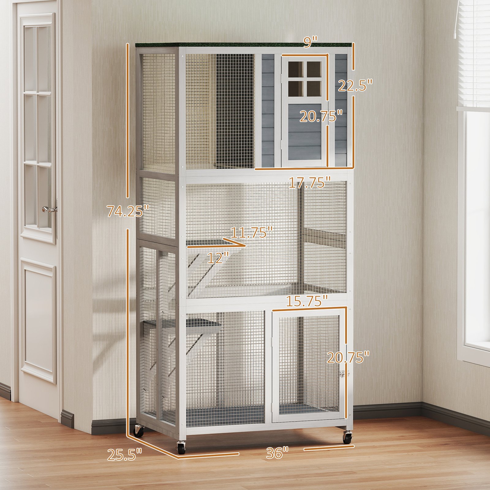 74" Wooden Catio Outdoor Cat Enclosure Weatherproof & Wheeled, Outside Cat House with High Weight Capacity, Kitten Cage Condo, White - Image 3