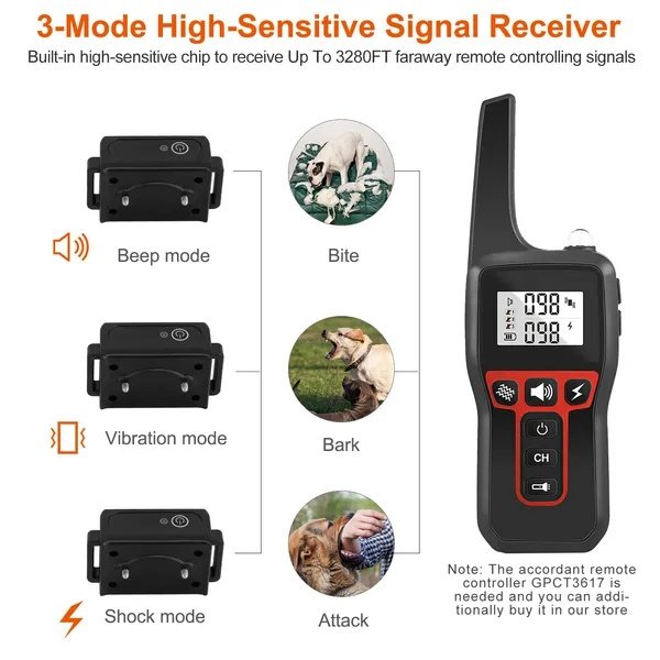 Dog Training Collar Receiver IP67 Waterproof Dog Bark Shock Vibration Beep Receiver Up To 3280ft - Image 3